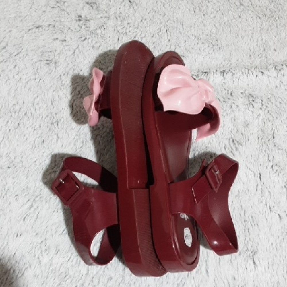 MELISSA  Sandals Size 8 with Pink Bow and BURGUNDY  Straps - Picture 10 of 12